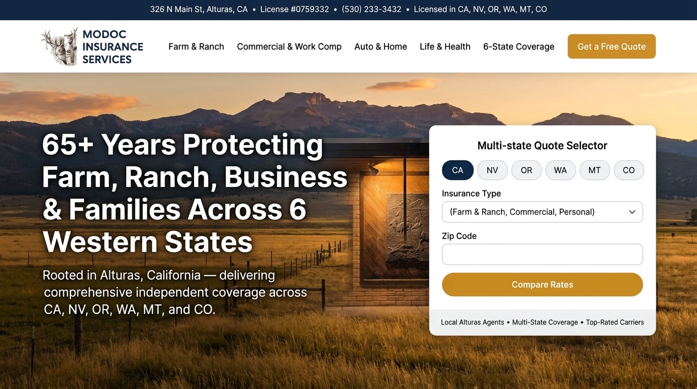 New homepage design for Modoc Insurance Services with a six-state quote selector
